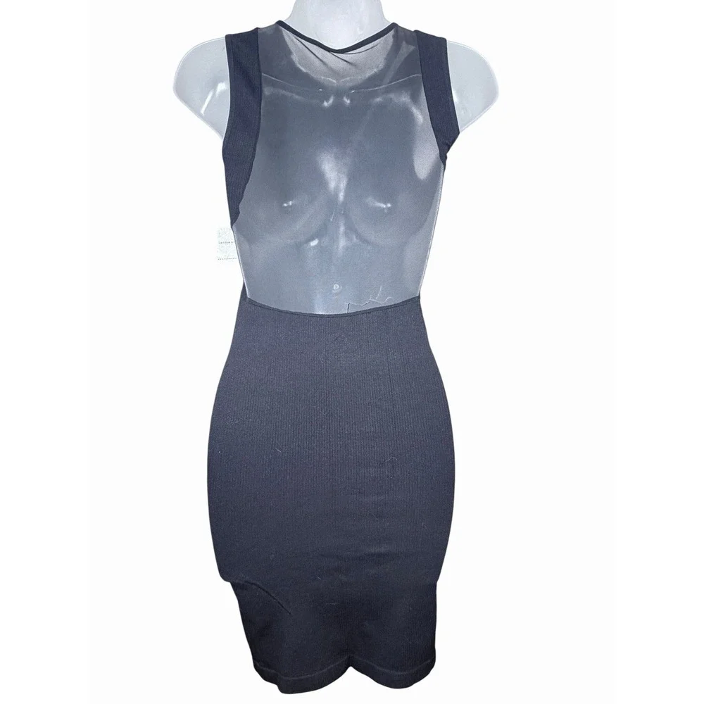 Free People Intimately Black Ribbed Bodycon‎ Midi Dress Mesh Panel M/L Edgy